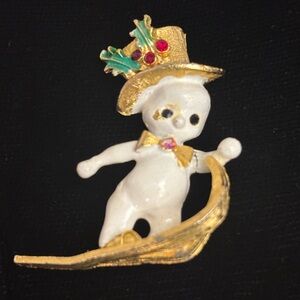 Vintage Signed MYLU Skiing Snowman Brooch with Gold Accents